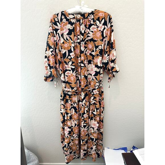 BOHME | Floral Midi Dress Black Pink Brown Boho Tie Neck | Size Medium - Picture 5 of 8